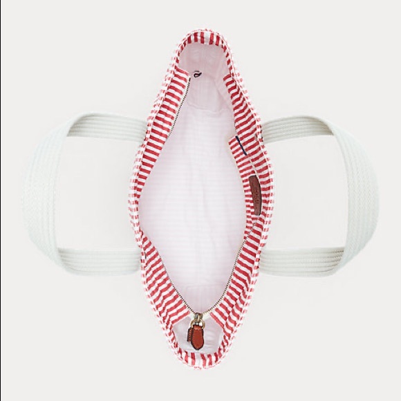 NWT POLO RALPH LAUREN Canvas Striped Med Tote Red - Picture 4 of 8